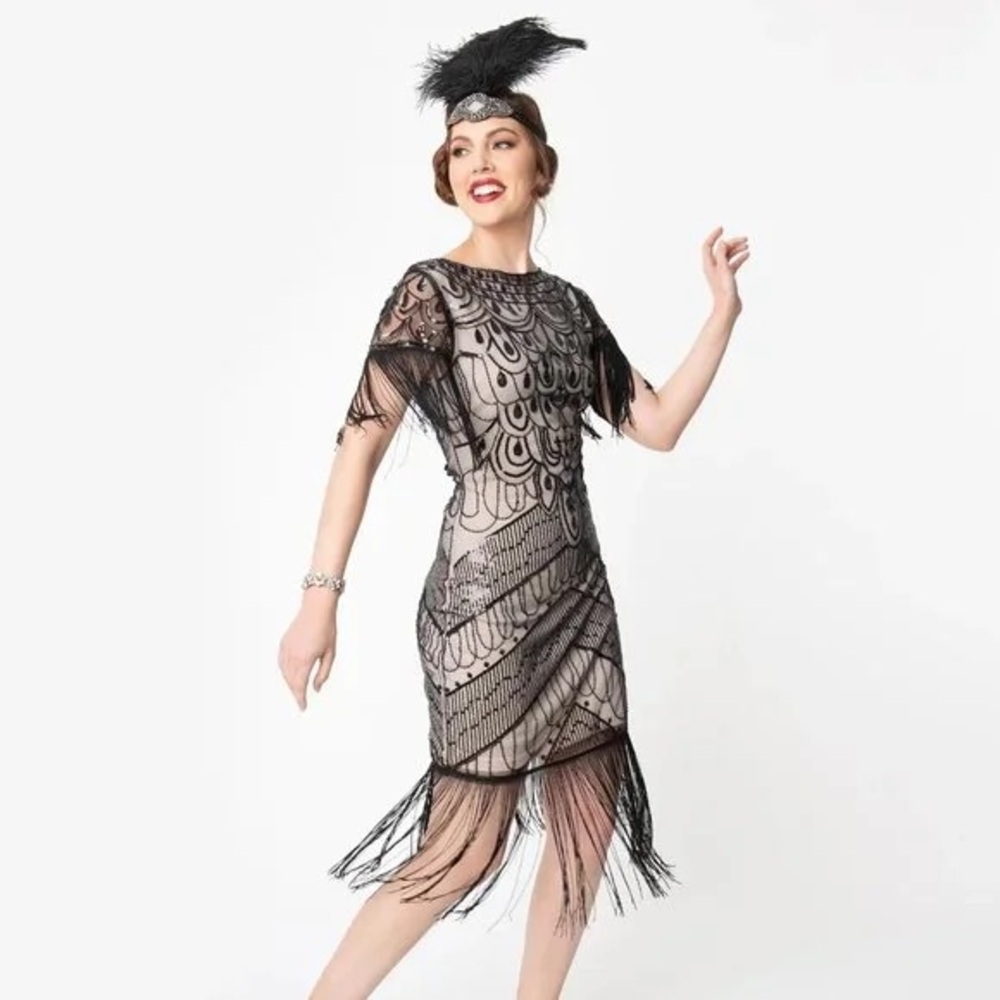 Unique Vintage Black and Cream Beaded Fringe Dress